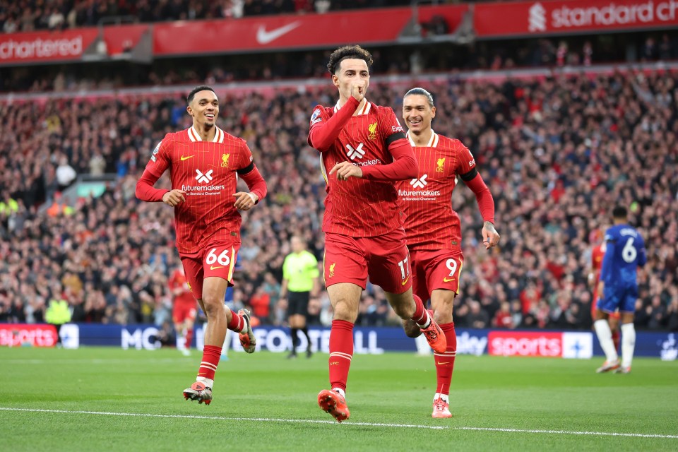 Curtis Jones comemorou seu gol contra o Chelsea chupando o dedo