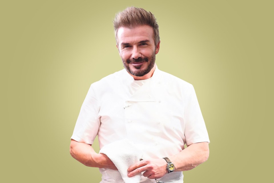 Nossa maquete de como seria a aparência de David Beckham em roupas brancas de chef