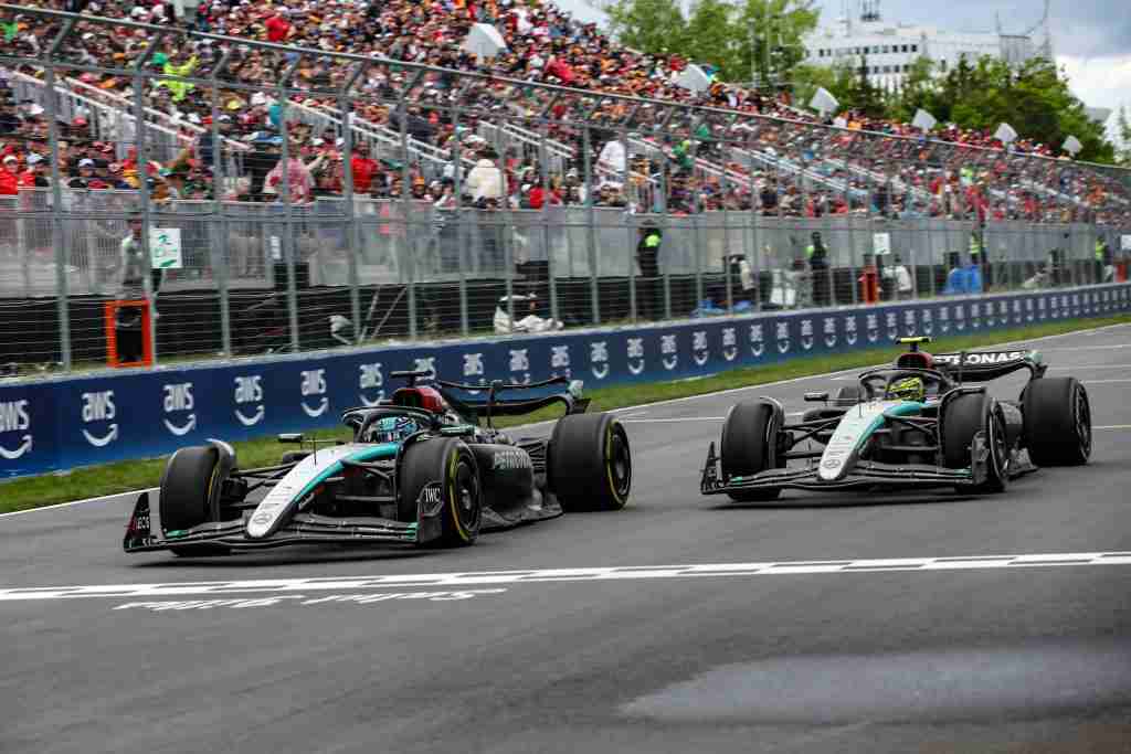 Lewis Hamilton e George Russell em ação no GP do Canadá de 2024 | Mercedes