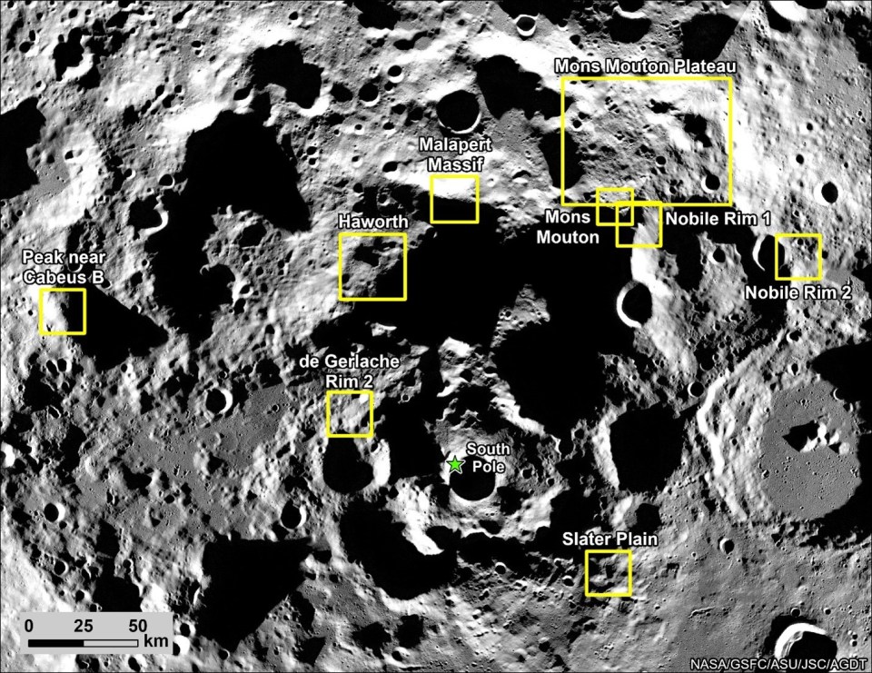 A NASA revelou esta imagem mostrando as nove regiões potenciais de pouso para sua missão tripulada Artemis 3 ao pólo sul da Lua