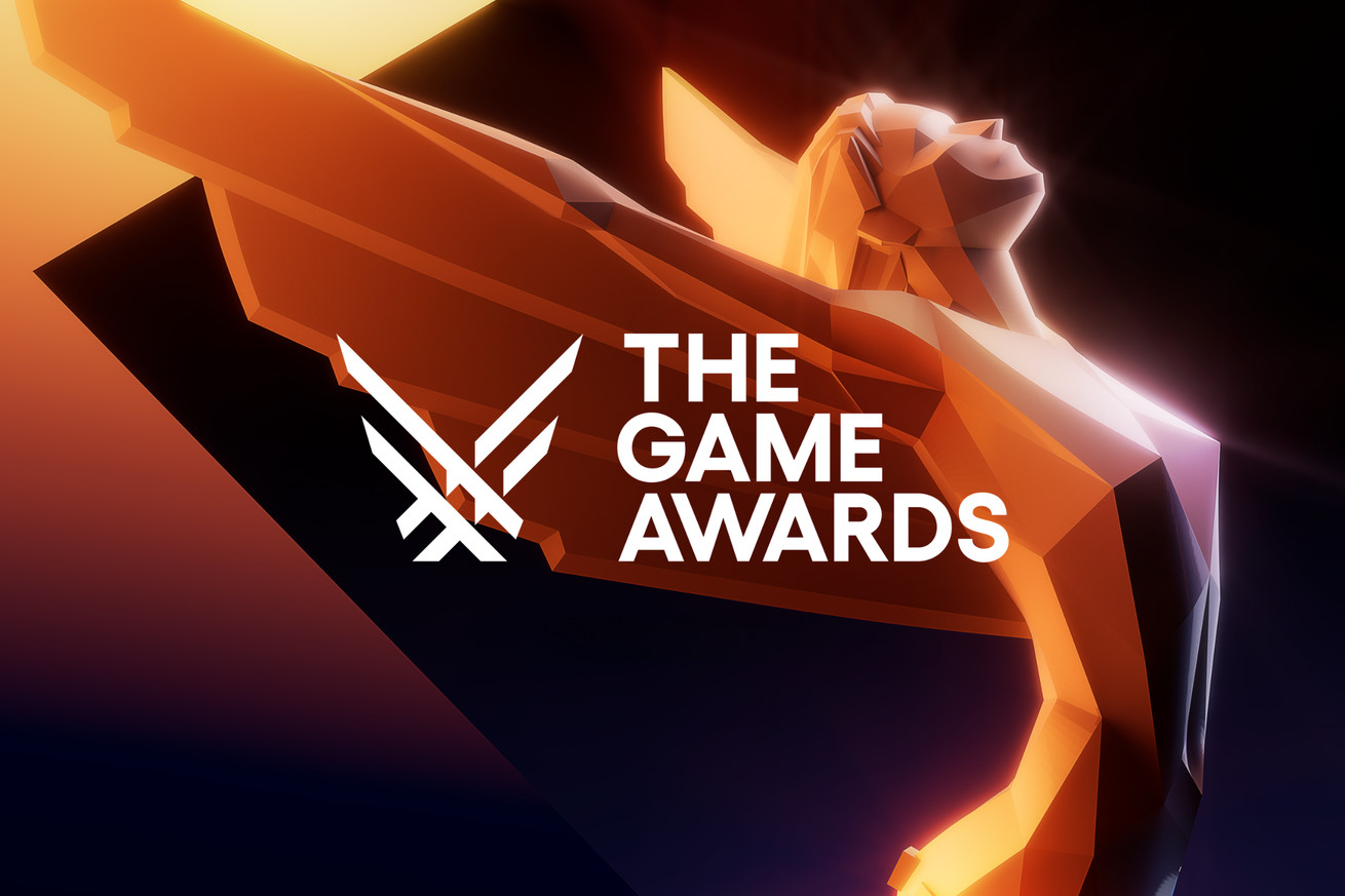 Gráfico do troféu The Game Awards, uma mulher alada esticando as asas atrás da cabeça contra um fundo preto e dourado.