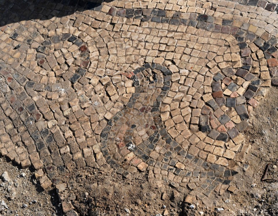 O mosaico apresenta contornos de pombas