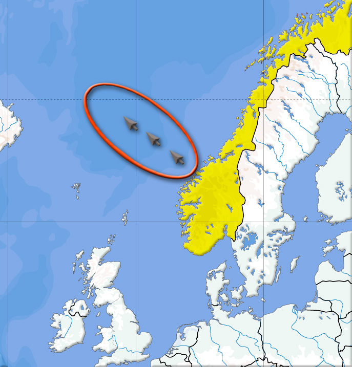 Mapa dos Slides Storegga, mostrando a localização dos três deslizamentos submarinos na costa da Noruega.