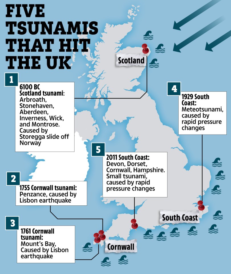 Mapa de cinco tsunamis que atingiram o Reino Unido.